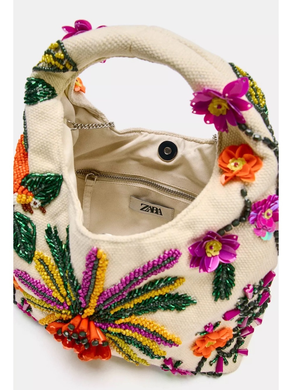 Zara Cream Shoulder Bag with Multicolor Beaded Floral Embroidery - Picture 3 of 4